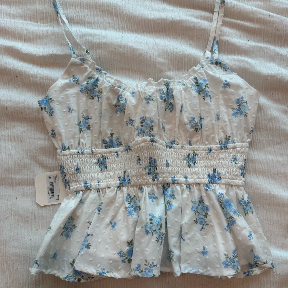 Altar'd State Blue and White Floral Smocked Tank Top